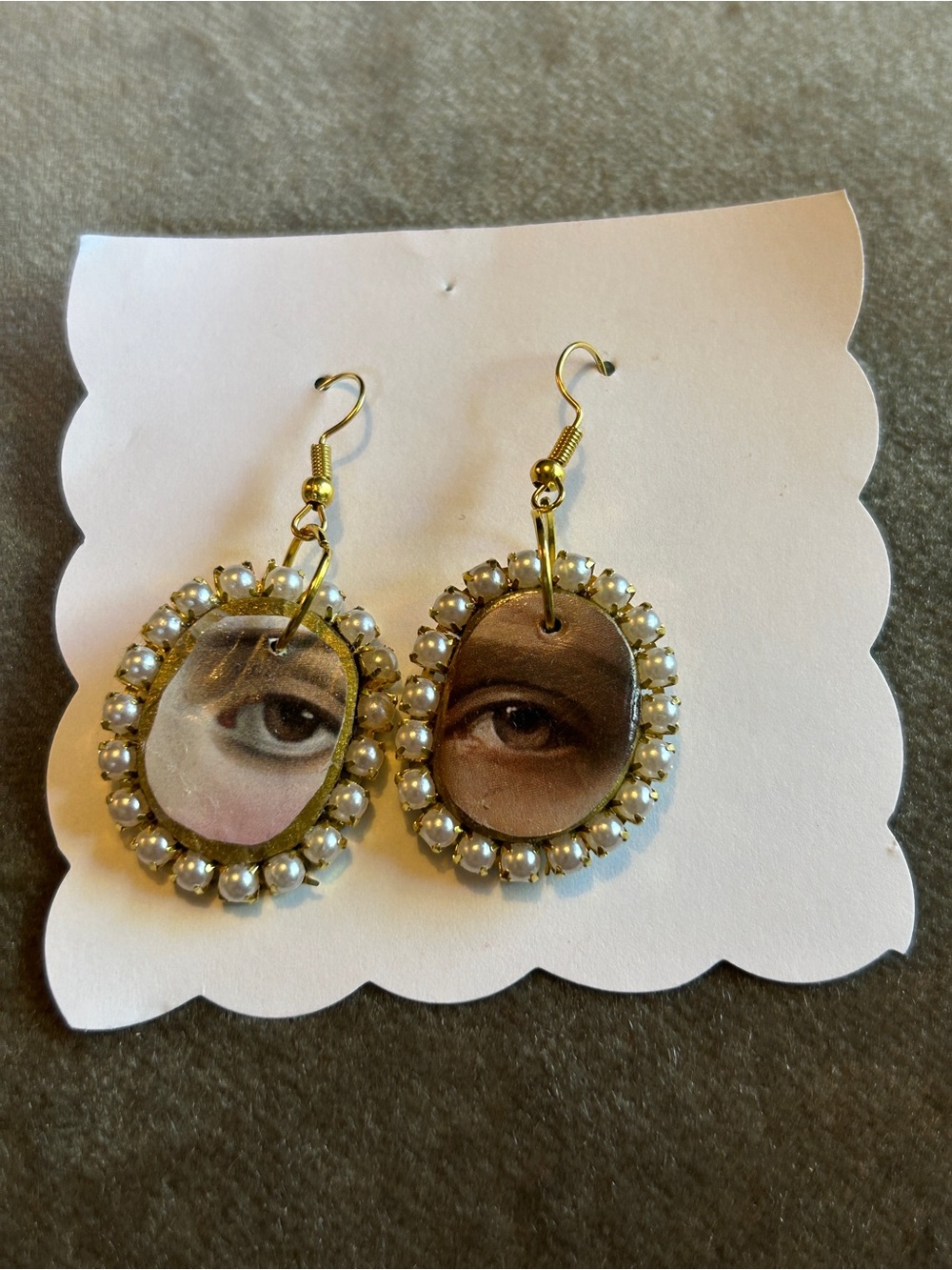 Gold Pearl-Trimmed Lover’s Eye Portrait Drop Earrings